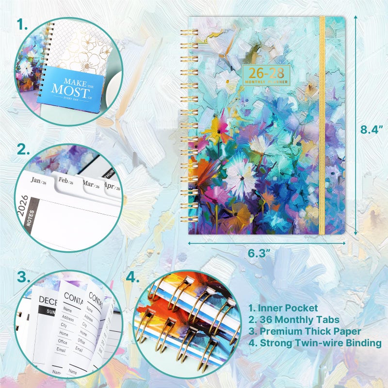MaaIbok 2026-2028 Monthly Planner/Calendar - 3 Year Monthly Planner 2026-2028, January 2026 - December 2028, 6.3"" x 8.4"", 36-Month Calendar with Tabs, 29 Notes Pages, Hardcover, Inner Pocket - Oil Painting - Image 3